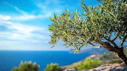 A close-up of an olive tree branch with green leaves against a backdrop of a blue ocean and sky.
