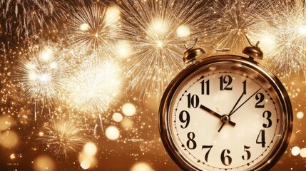 Midnight Clock with Fireworks Lighting Up the Sky