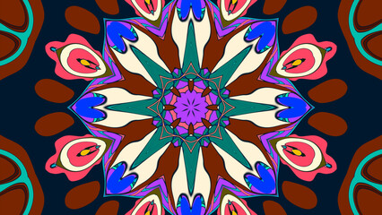 Abstract colorful psychedelic mandala kaleidoscope background pattern for a summer music festival

