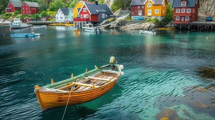 Obraz premium Traditional Wooden Fishing Boat in Small Harbor