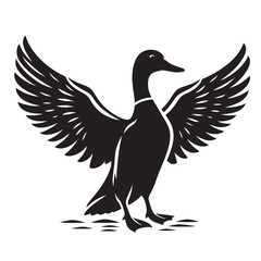Obraz premium Black and white silhouette of a duck with its wings spread.