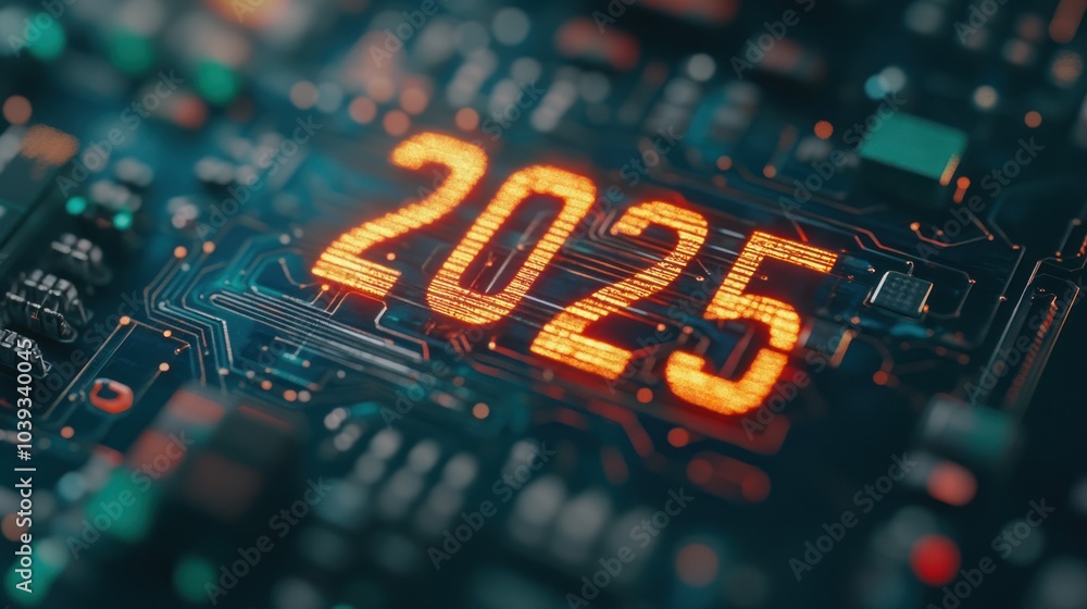 Aufkleber a futuristic circuit board displaying the year 2025 in glowing digits.