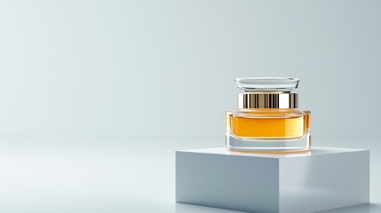 Glass Perfume Bottle with Gold Lid on White Pedestal