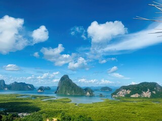 Beautiful Tropical Island Landscape with Blue Sky and Green Forests