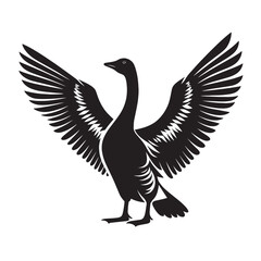 Black and white silhouette of a goose with wings spread wide. © dropideas