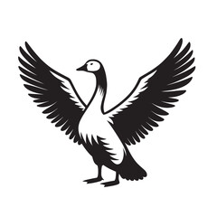 Black and white silhouette of a goose with wings spread.