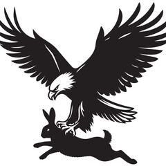 Black and white silhouette of a hawk catching a rabbit.
