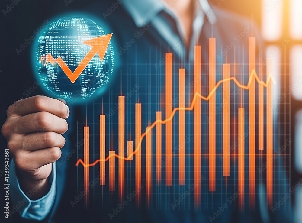 Poster a businessman holds a glowing orb with a rising arrow graphic, set against a background of bar graph