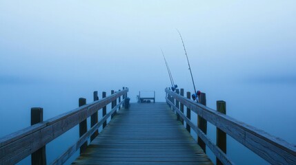 Obraz premium A cozy fishing pier at sunrise with fishermen casting lines into a foggy harbor, Fishing rods and tackle under soft morning light and misty reflections on the water, Foggy harbor tranquility style