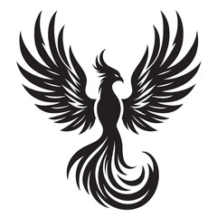 Black and white silhouette of a mythical phoenix bird with outstretched wings.