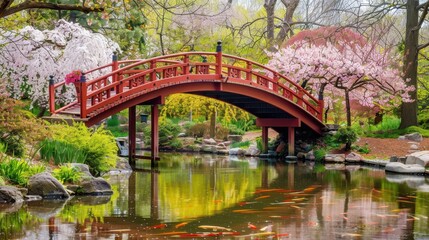 Traditional Japanese Red Wooden Bridge Over Water