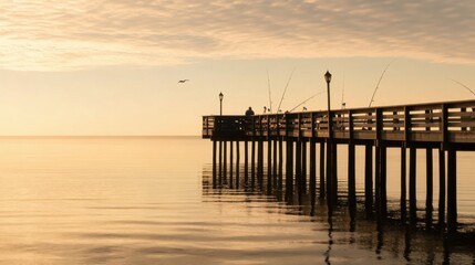 Fototapeta premium A cozy fishing pier at sunrise with fishermen casting lines into calm waters, Fishing rods and tackle under soft morning light and reflections on the water, Sunrise tranquility style