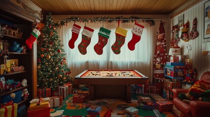 An empty scene featuring a vibrant family game room filled with holiday cheer, where playful customizable stockings are displayed above a game table surrounded by festive decorations, 