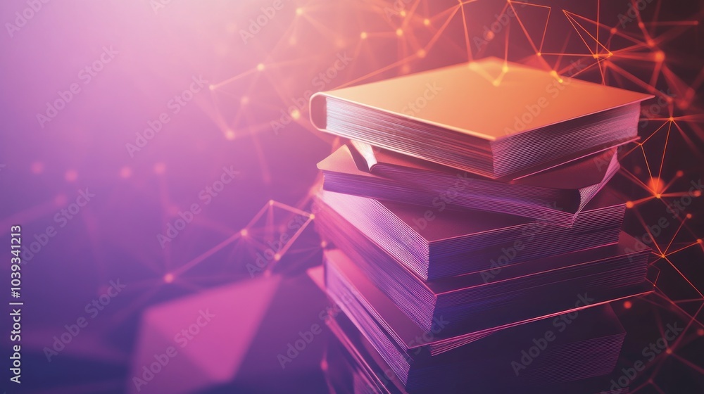 Poster a stack of books with a glowing, abstract background, symbolizing knowledge and learning.