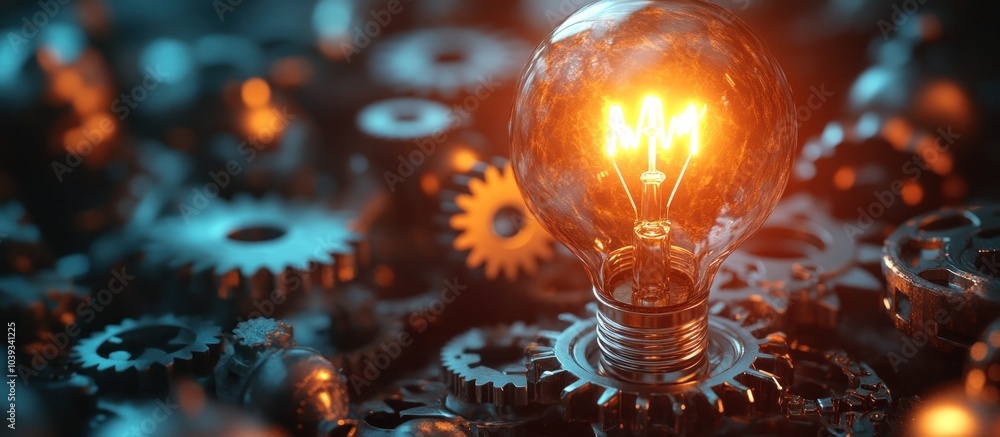 Poster close up of a lit lightbulb in a field of gears.