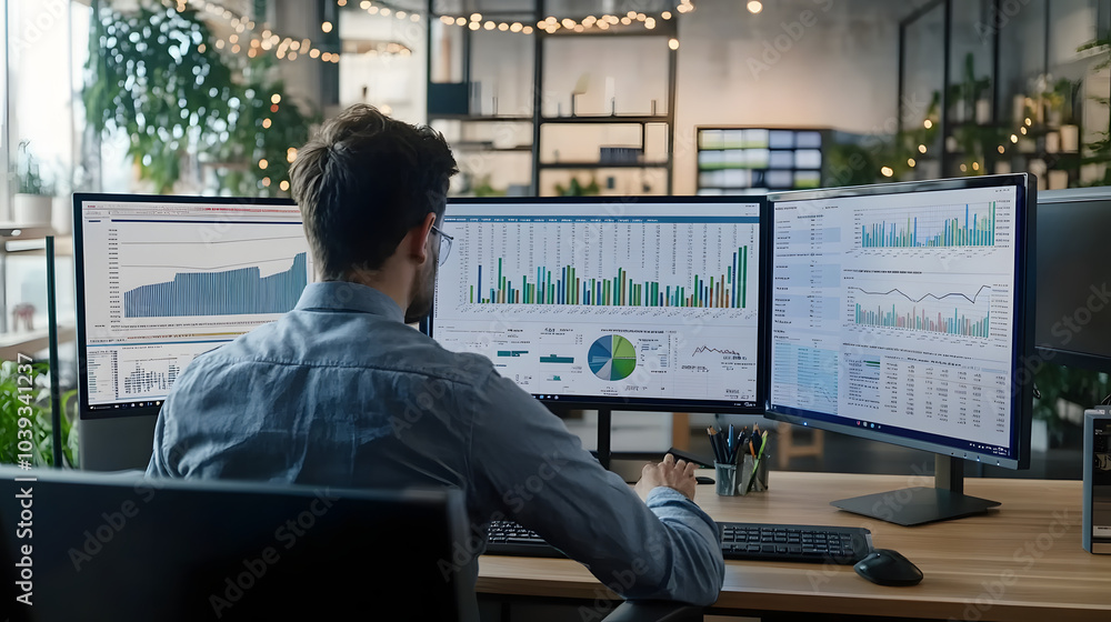 Poster a person analyzes data on multiple monitors in a modern office setting, with charts and graphs displ
