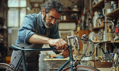 A man repairs a bicycle in a workshop filled with tools.
