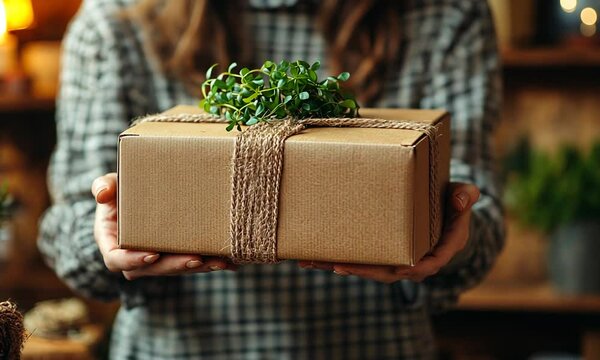 A person holds a beautifully wrapped gift with a plant on top.