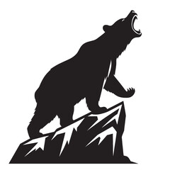 Black and white silhouette of a roaring bear standing on a rock.