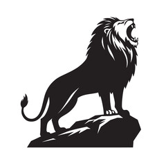 Black and white silhouette of a roaring lion standing on a rock. © dropideas