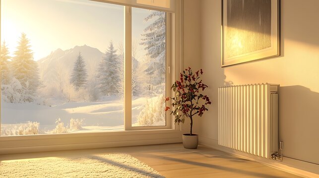 A bright, cozy living room with a large window overlooking a snowy winter landscape. The sun is shining through the window, casting warm light on the floor. 