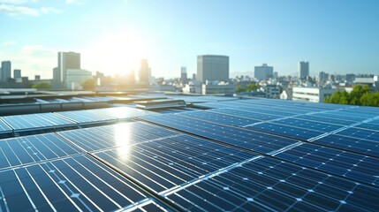Solar panels on a building roof under clear blue sky and sunlight.