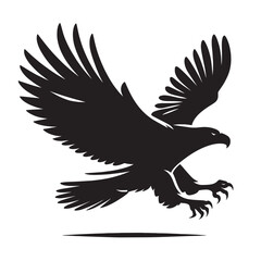 Black and white silhouette of a soaring eagle with wings spread wide, talons out.