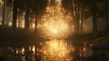 Obraz premium Serene Forest with Glowing Reflections on Lake