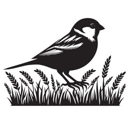 Black and white silhouette of a sparrow in a field of grass.