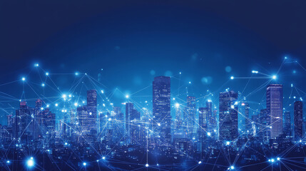 Fototapeta premium blue digital cityscape with buildings and network of glowing connections creates futuristic atmosphere. skyline is illuminated, showcasing modern urban environment