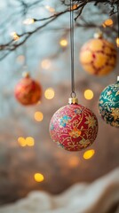 An empty scene featuring colorful paper mache ornaments with intricate patterns, creating an ideal product mockup space,