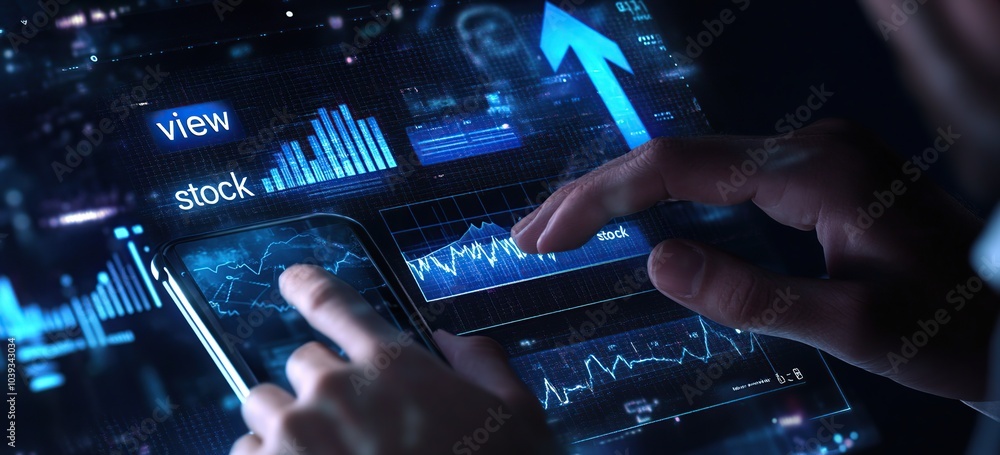 Poster hands interacting with a digital screen showing stock market graphs.