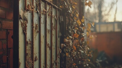 Closed factory gates with rusting metal and faded paint, symbolizing the decline of industry and the passage of time, reflecting a poignant reminder of economic shifts and the human impact of change