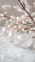 An empty scene featuring delicate crystal ornaments that reflect light beautifully, creating an ideal product mockup space,