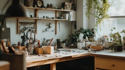 A cozy jewelry making workshop with metalsmithing tools and gemstones, Jewelry tools organized on workbenches, Artisanal workshop style