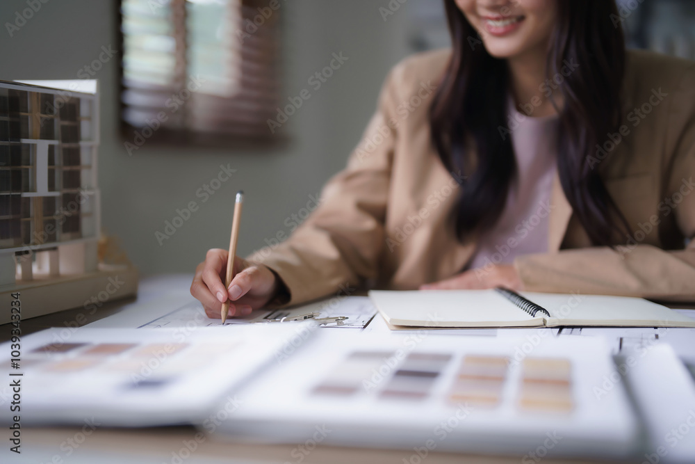 Poster female architect work to designing architecture interior and drawing building project on blueprint