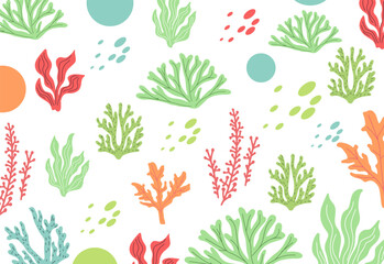 Seamless pattern with marine life and seaweed