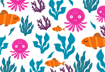 Seamless pattern with octopus,fish and sea life