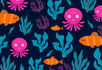 Seamless pattern with octopus,fish and sea life