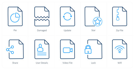 A set of 10 File icons as pie, damaged, update