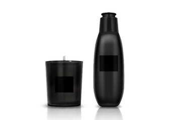 Aroma candle and cosmetic bottle mockup isolated on white background. Vector realistic illustration of glass cup with aromatherapy wax, blank container with spa massage oil or skin care lotion