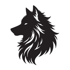 Black and white silhouette of a wolf's head with detailed fur.