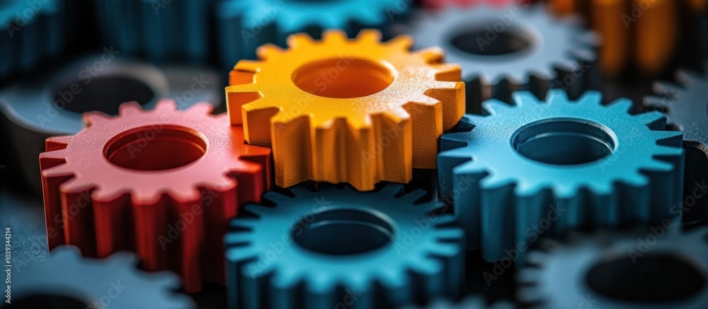 Poster close-up of colorful interlocking gears.