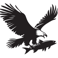 Black and white silhouette of an eagle flying with a fish in its talons.
