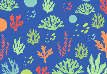 Seamless pattern with marine life and seaweed