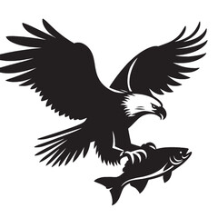 Obraz premium Black and white silhouette of an eagle flying with a fish in its talons.