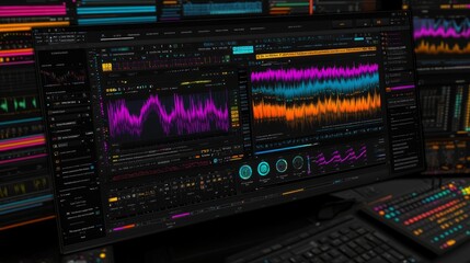 Obraz premium A close up of a computer screen displaying a music production software with various waveforms and audio editing tools.