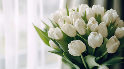 White fresh beautiful tulips for women's holiday , isolated on a light background, free space, bouquet of spring flowers,High quality photo,White tulip flowers in vase
