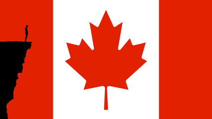 Obraz premium Silhouette of a Person Standing on the Edge of a Cliff on a Canadian Flag