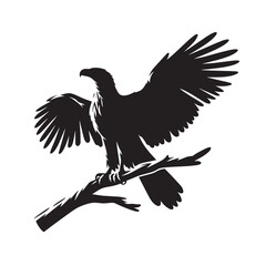 Black and white silhouette of an eagle perched on a branch with its wings spread.